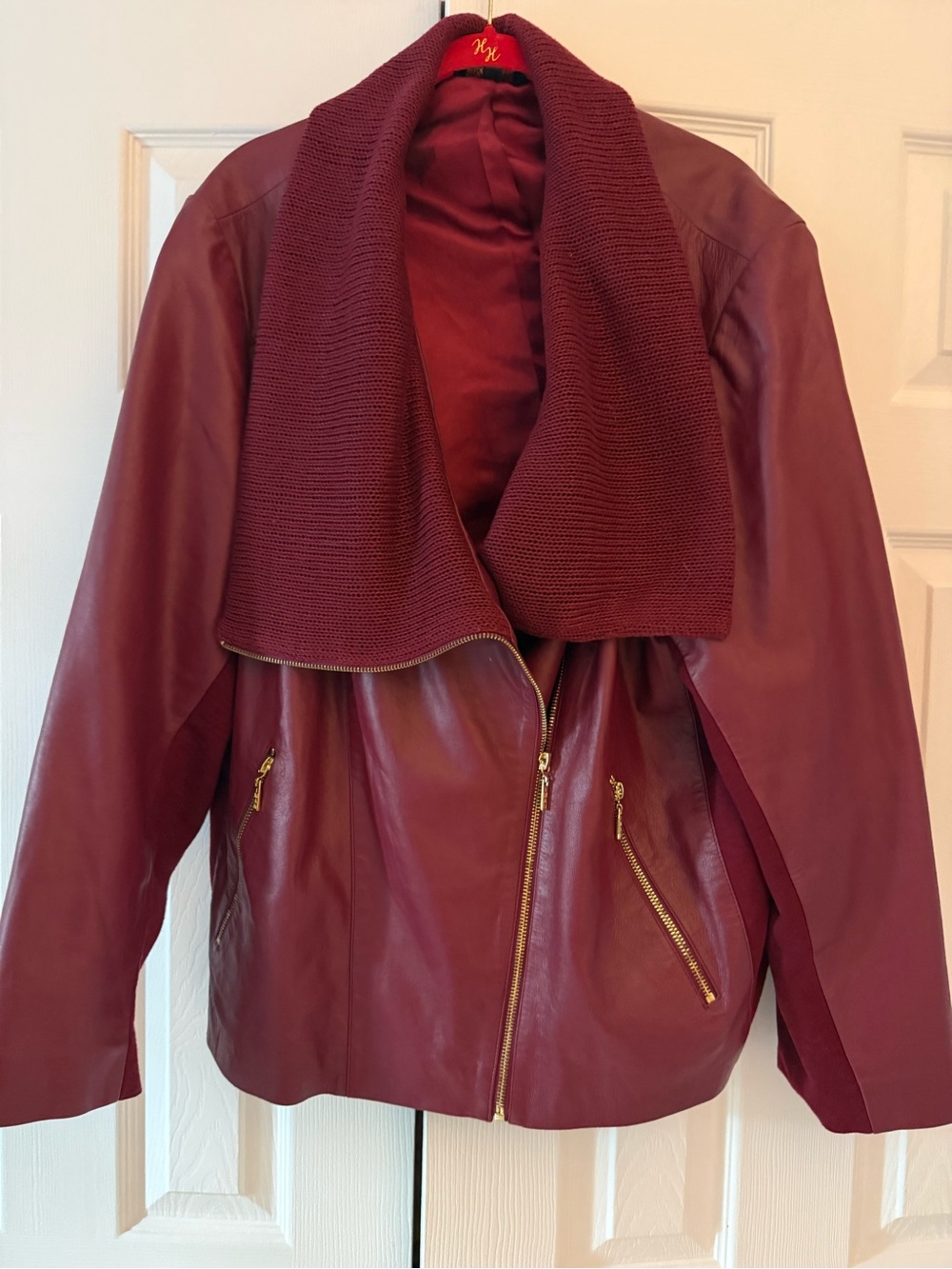 IMAN Burgundy Leather Jacket with Knit Shawl Collar- like new